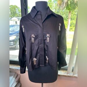 Justa Petra Black Cropped 100% Cotton Embellished Button Up Blouse Size 2
